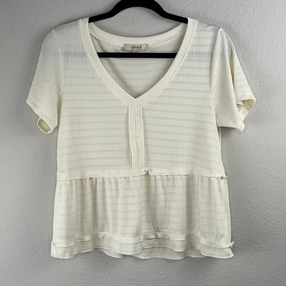 Atelier by Kirious Cream Short Sleeve Texture V-Neck Babydoll Knit Blouse Medium - Picture 11 of 13